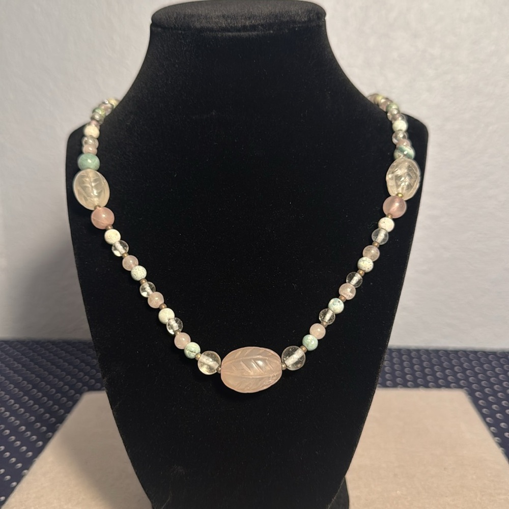 Handmade Green and Pink Beaded Necklace with Vintage-Inspired Design 30” Length
